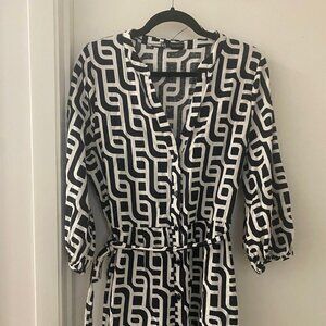 Zara Black and White Print Linen Button Up Dress Extra Large